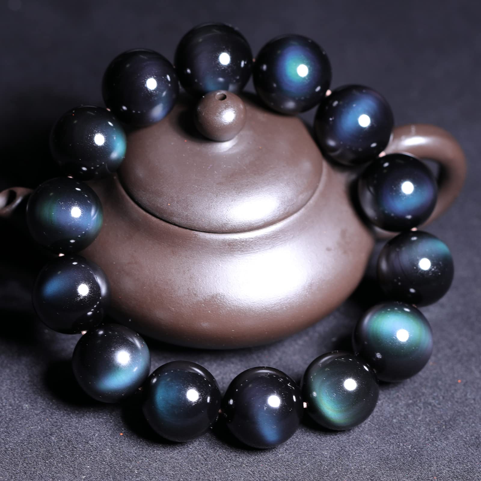 YANYUNZHUBAO Natural Black Obsidian Bracelet Healing Crystals Jewelry Volcanic Rock Stone Ward Off Evil Spirits (Green Eye, 16MM)