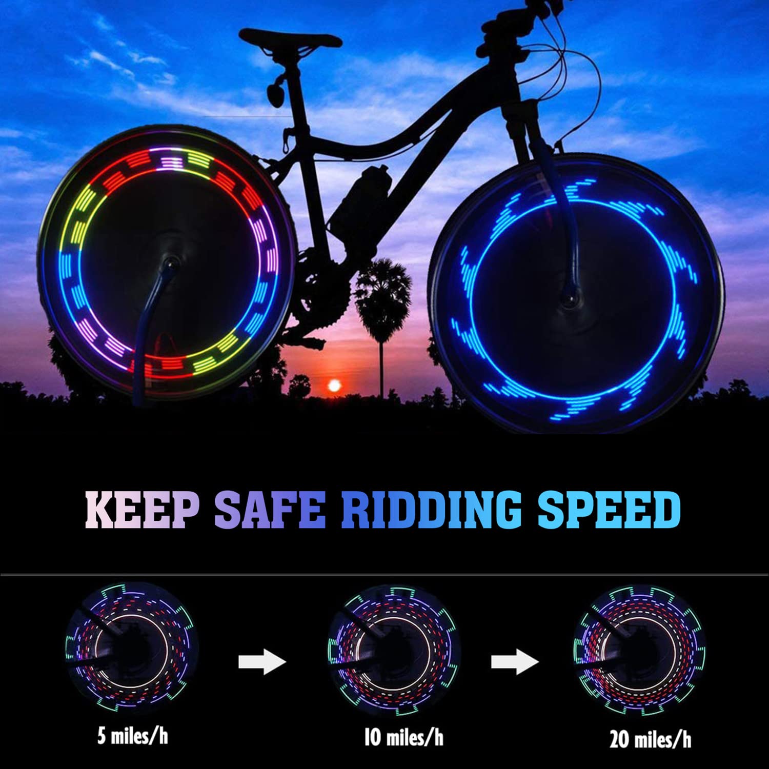 Bike Wheel Lights, Bike Spoke Lights Bicycle Wheel Lights Bike Lights for Wheels Double-Sided 14pcs LED Colorful 30 Changes Patterns Bike tire Lights Bike tire Accessories (Black 14LEDs-2pieces)