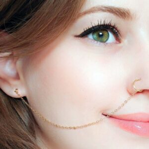 Zeshimb Nose to Ear Chain Gold Plated Nose Ring Studs Hypoallergenic Surgical Steel Nose Rings Retro Ear Hook Nose Hoop Nostril Piercing Jewelry for Women