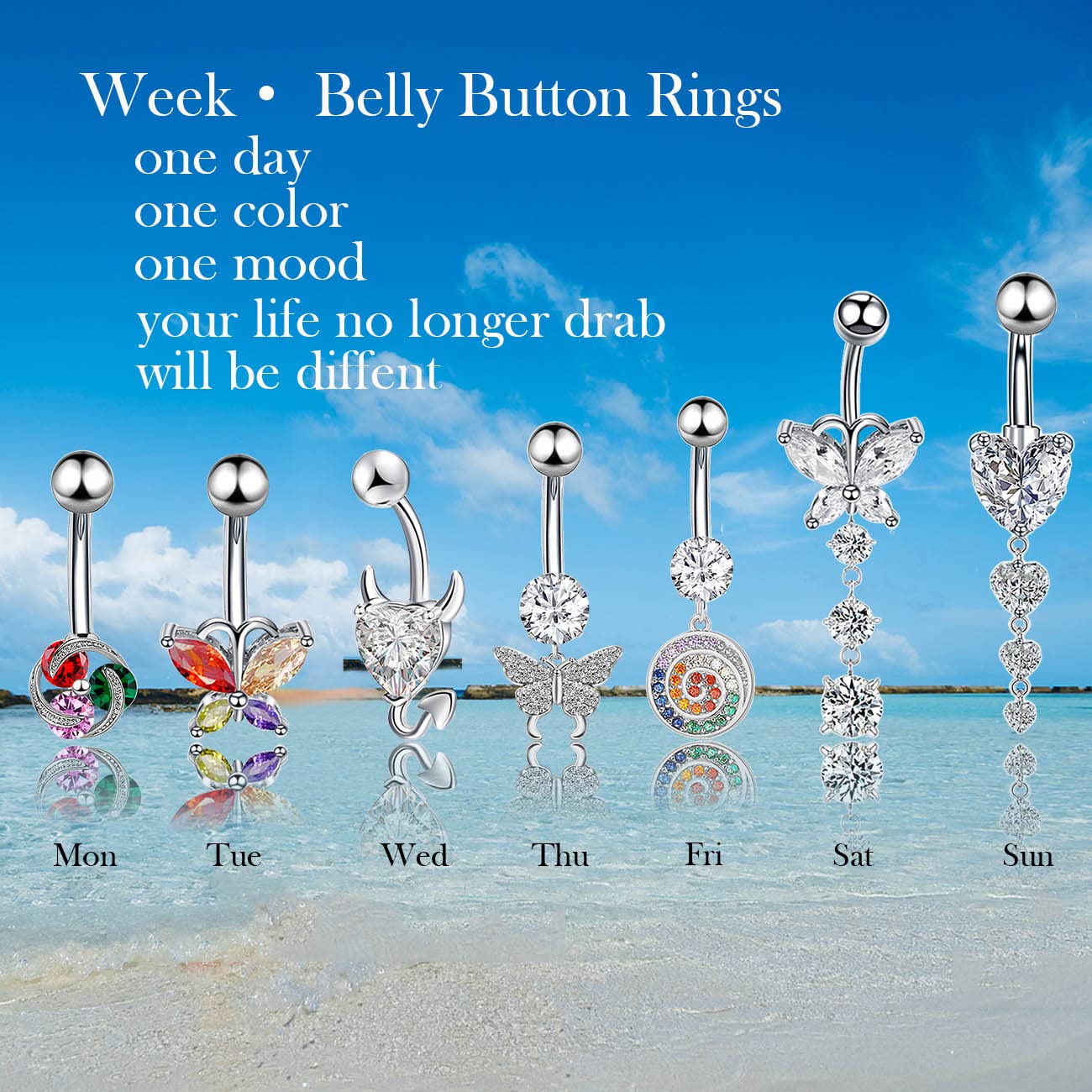 14G Surgical Steel Belly Button Ring Butterfly Dangle Belly Button Rings for Women CZ belly rings belly piercing jewelry 7PCS