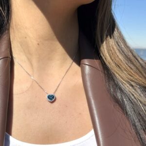 LE VIAN 2 1/2 Carat White and Blue Topaz Heart Halo Pendant Necklace for Women in 14k White Gold on 18 Inch Long Chain