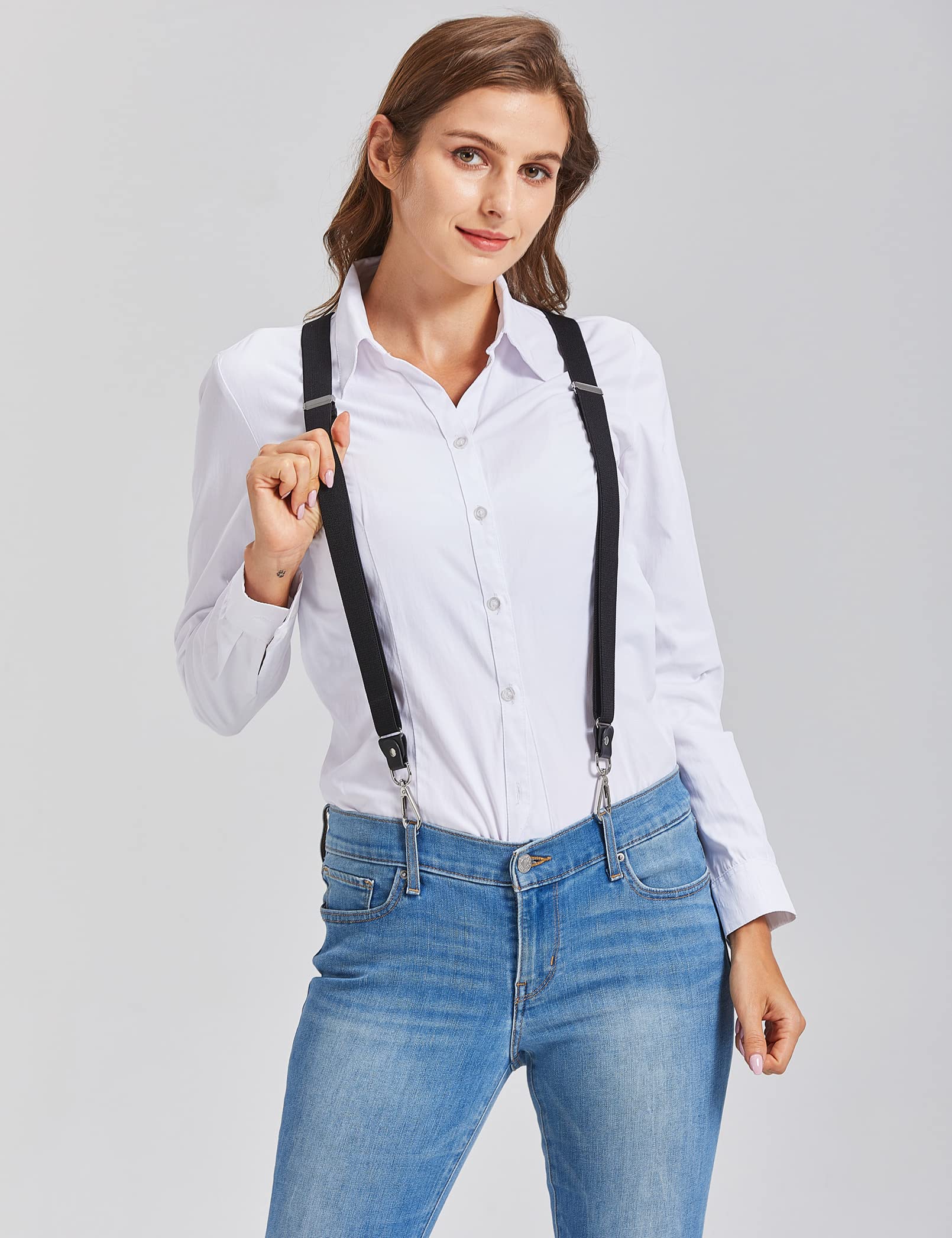 Suspenders for Women with 3 Swivel Hooks and 1" Width Strap for Jeans and Shorts, also for Slim or Young Men (Black)