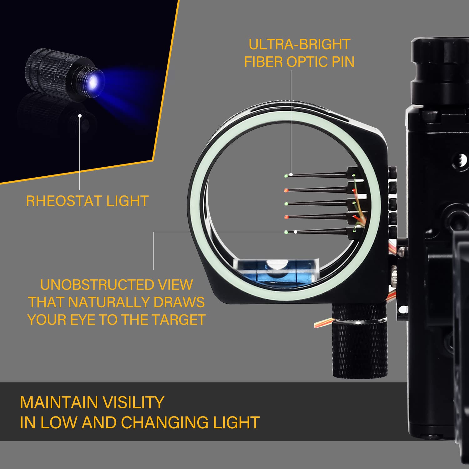 SOPOGER Archery Bow Sight for Compound Bows Target Hunting Single Pin or 5 Pin Bow Sight with 6X 1.75 Scope Lens Long Bar Right Hand for Quicker Sight Acquisition - Combos Available (5 Pin(6X)