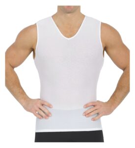 insta slim -made in usa- compression sleeveless v-neck shapewear for men. tummy control slimming body-shaper undershirt for back support, hernias, beer belly, and gynecomastia (mesh white, 2x)