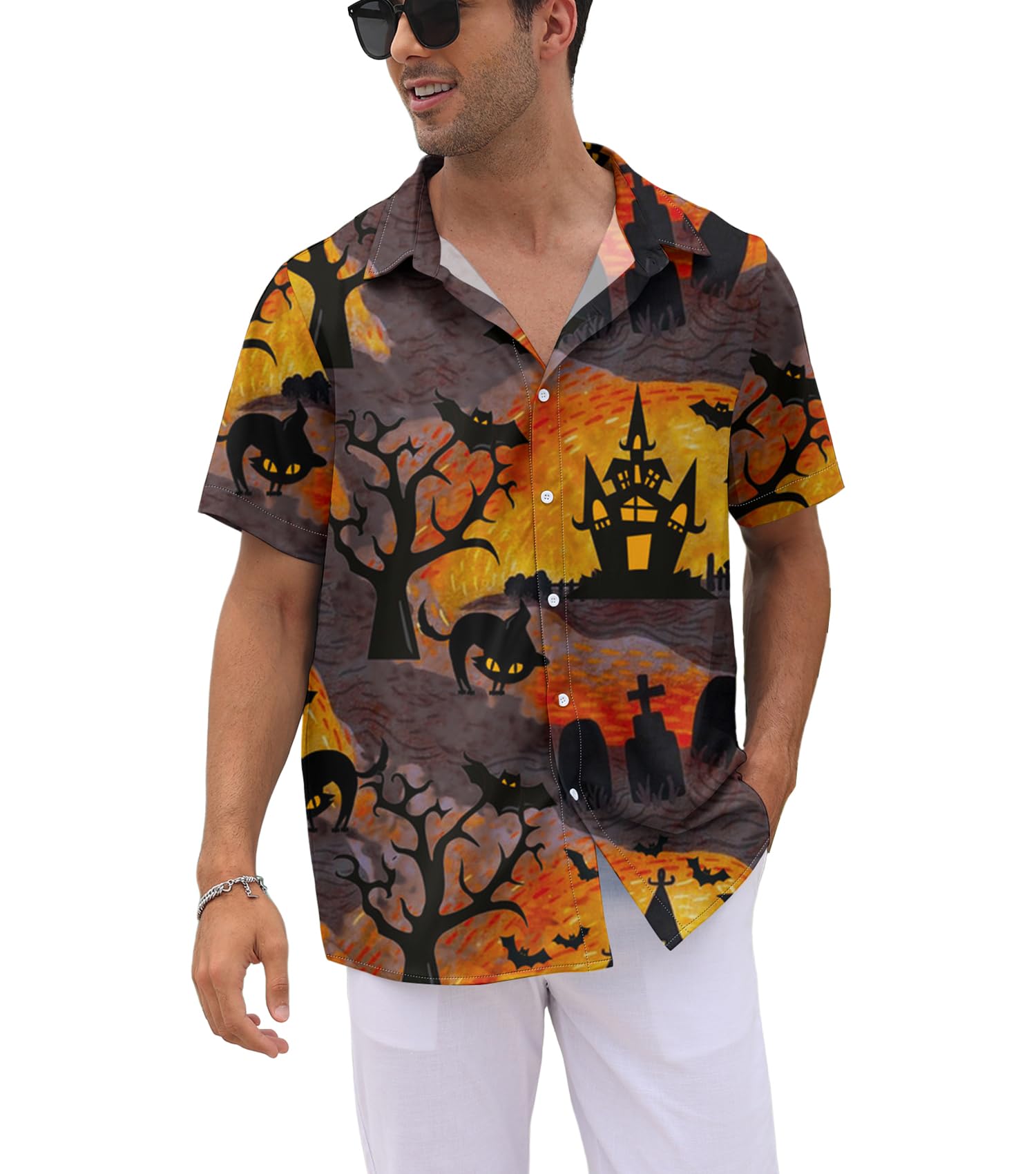 WHO IN SHOP Men's Halloween Shirts Cute Scary Horror Short Sleeve Button Up Shirt