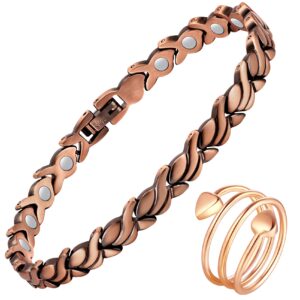 Feraco Copper Bracelet for Women for 99.99% Solid Copper Magnetic Bracelets Unique X Shape Links Magnet Jewelry (Fishtail with Ring)