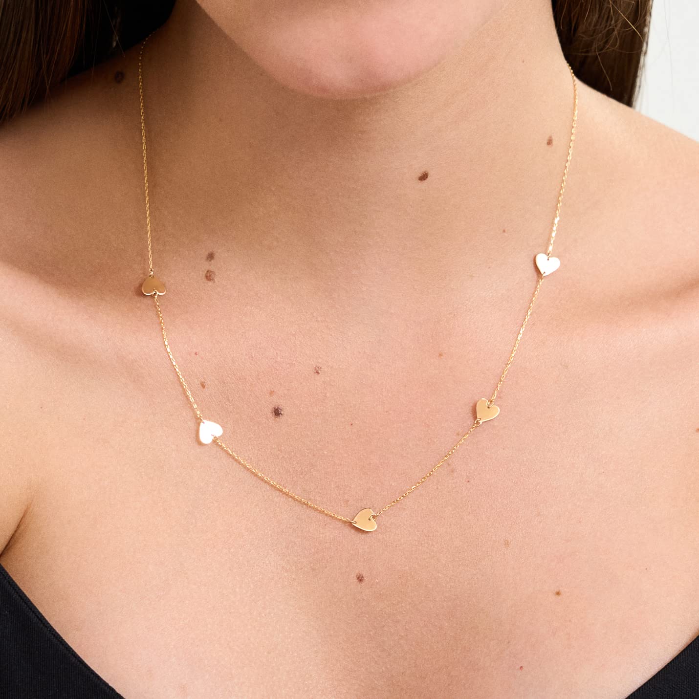 14k Real Gold Heart Disc Choker Necklace for Women | 14k Gold Heart Station Necklace | Heart Pendant Necklaces | Delicate Station Jewelry for Women | Gift for Anniversary, 18"