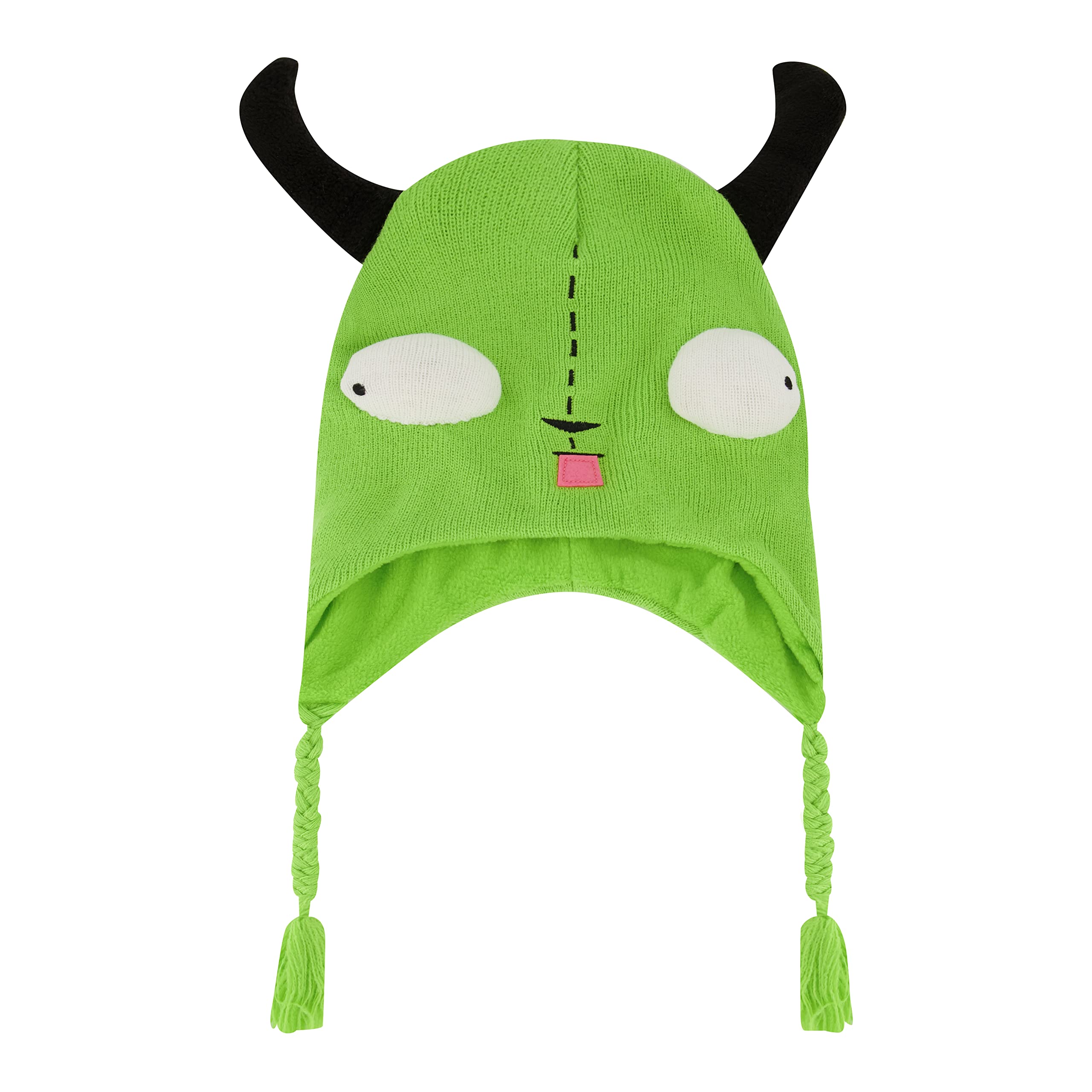 Invader Zim Beanie Hat, Gir Cosplay Adult Peruvian Winter Knit Cap with Ears and Tassels, Green One Size