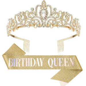 makone gold birthday princess crown with birthday queen sash tiaras for women or girls crystal headband hair accessories for party cake topper