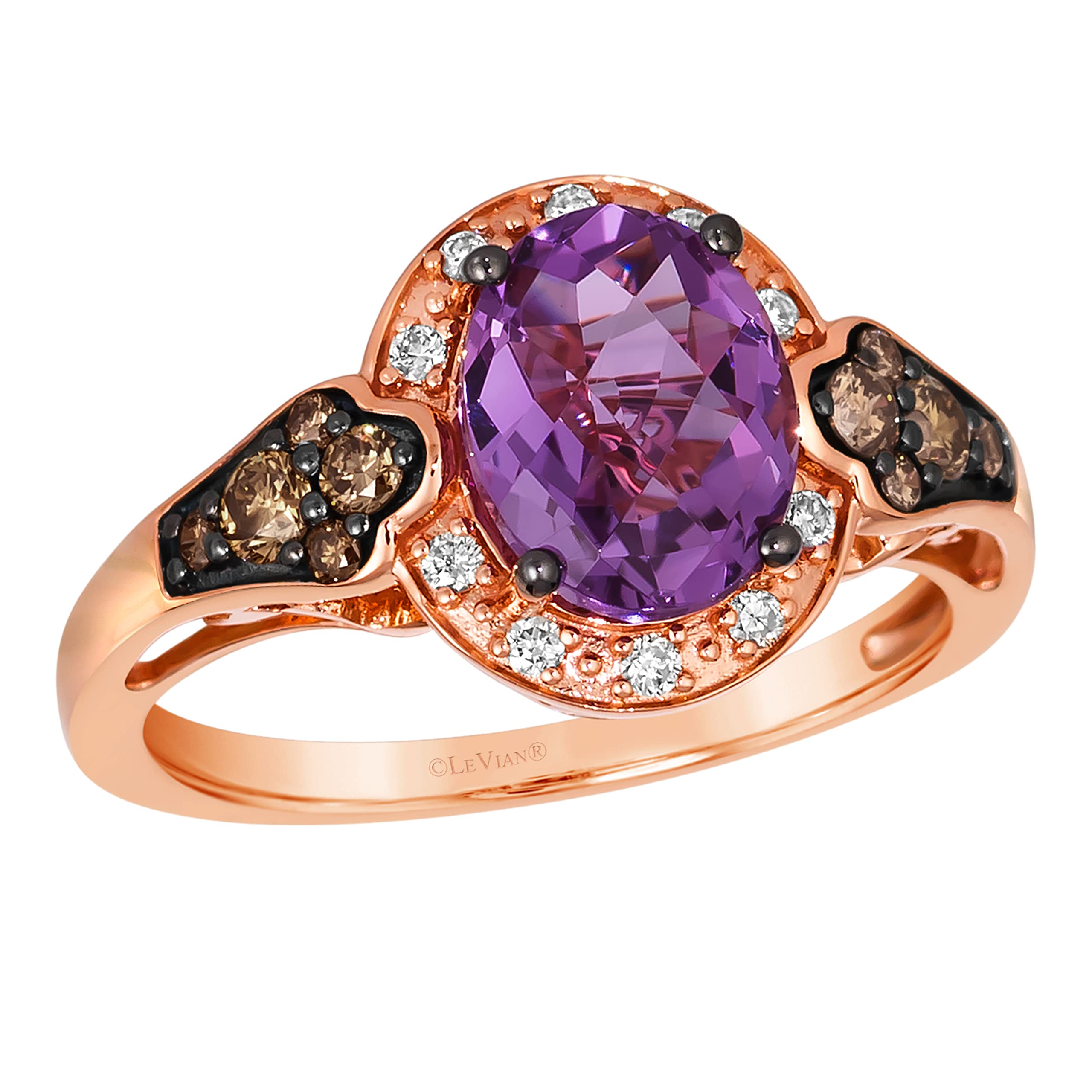 LE VIAN 1 3/4 Carat Oval Purple Amethyst and 1/4 Carat Chocolate Diamond Band Ring for Women in 14k Rose Gold (White/Fancy Brown, cttw) Engagement Anniversary Ring Size 7