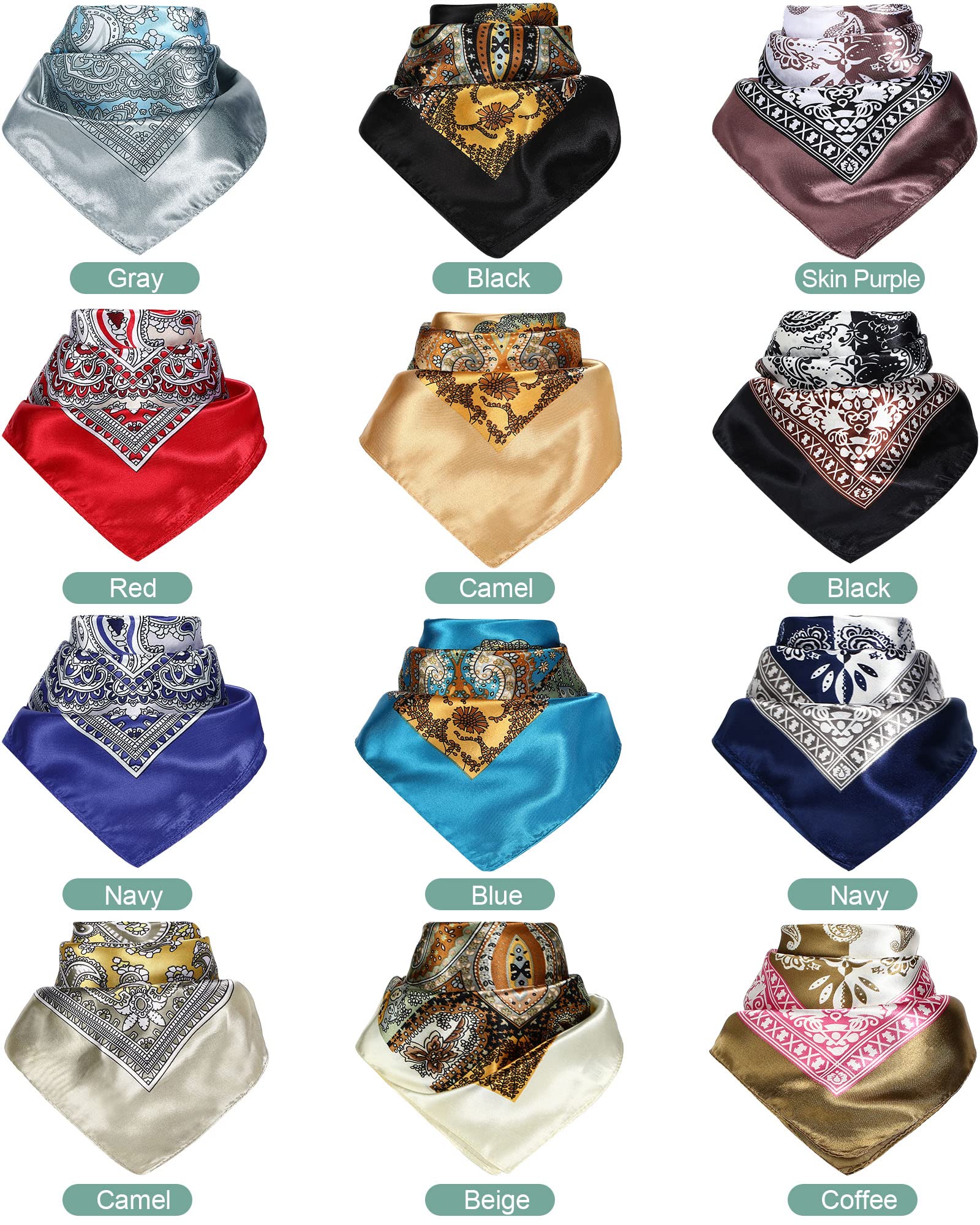 JaGely 12 Pcs 35" Satin Square Large Head Scarves Silk Like Neck Scarf Vintage Bandanas Satin Hair Scarf Neckerchief(Classic Style)