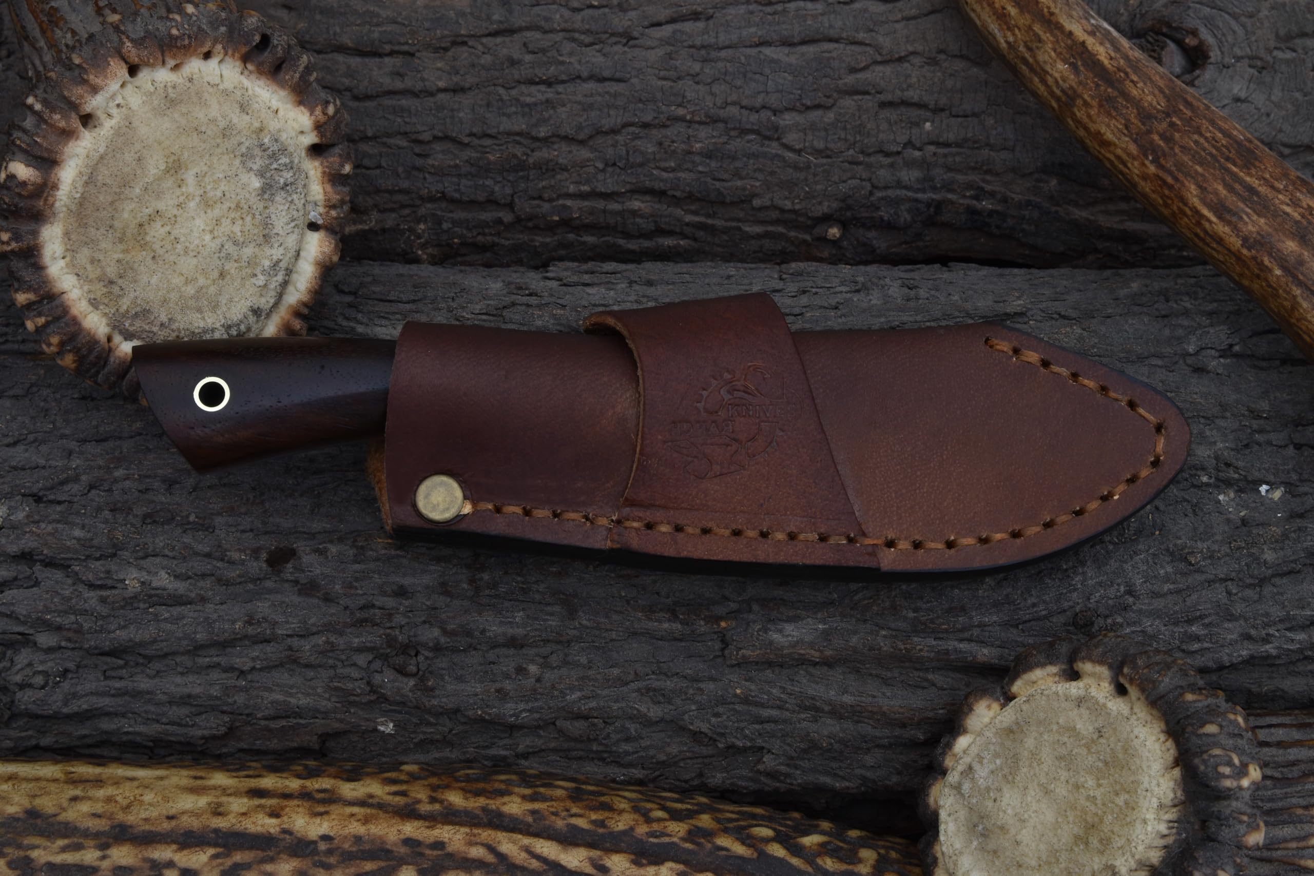 Knives Ranch Damascus Skinning Knife, Fixed Blade Hunting Knife with Rosewood Handle and Heavy-Duty Dual Horizontal/Vertical Sheath (3129-IRW)