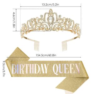 Makone Gold Birthday Princess Crown with Birthday Queen Sash Tiaras for Women or Girls Crystal Headband Hair Accessories for Party Cake Topper