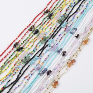 12 Pcs Handmade Waist Beads With Crystals Colorful African Waist Beads Boho Beads Waist Chains Energy Stone Beaded Body Chains for Women Girls