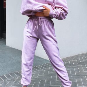 Waitfairy Women's High Waisted Sweatpants Cinch Bottom Jogger Pants with Pockets for Teen Girls Light Purple L