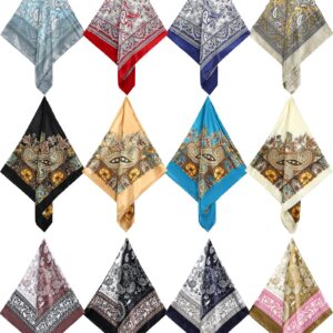 JaGely 12 Pcs 35" Satin Square Large Head Scarves Silk Like Neck Scarf Vintage Bandanas Satin Hair Scarf Neckerchief(Classic Style)