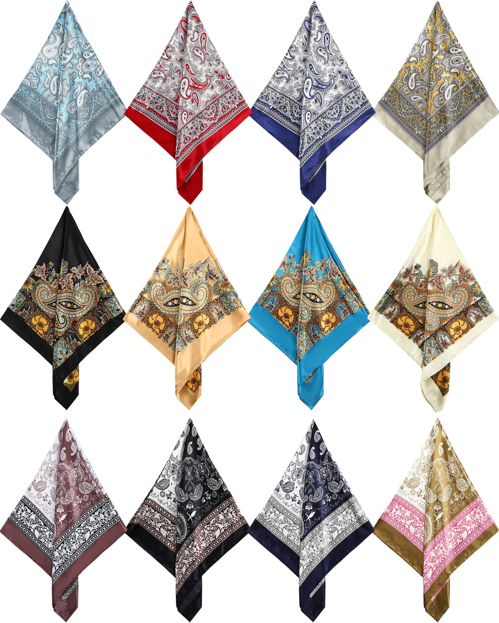 JaGely 12 Pcs 35" Satin Square Large Head Scarves Silk Like Neck Scarf Vintage Bandanas Satin Hair Scarf Neckerchief(Classic Style)