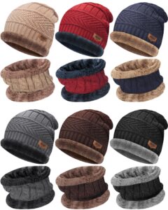 6 pack winter beanie hat scarf set stylish knit skull caps for men women fleece thick lined neck warmer, 6 colors