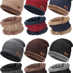 6 Pack Winter Beanie Hat Scarf Set Stylish Knit Skull Caps for Men Women Fleece Thick Lined Neck Warmer, 6 Colors