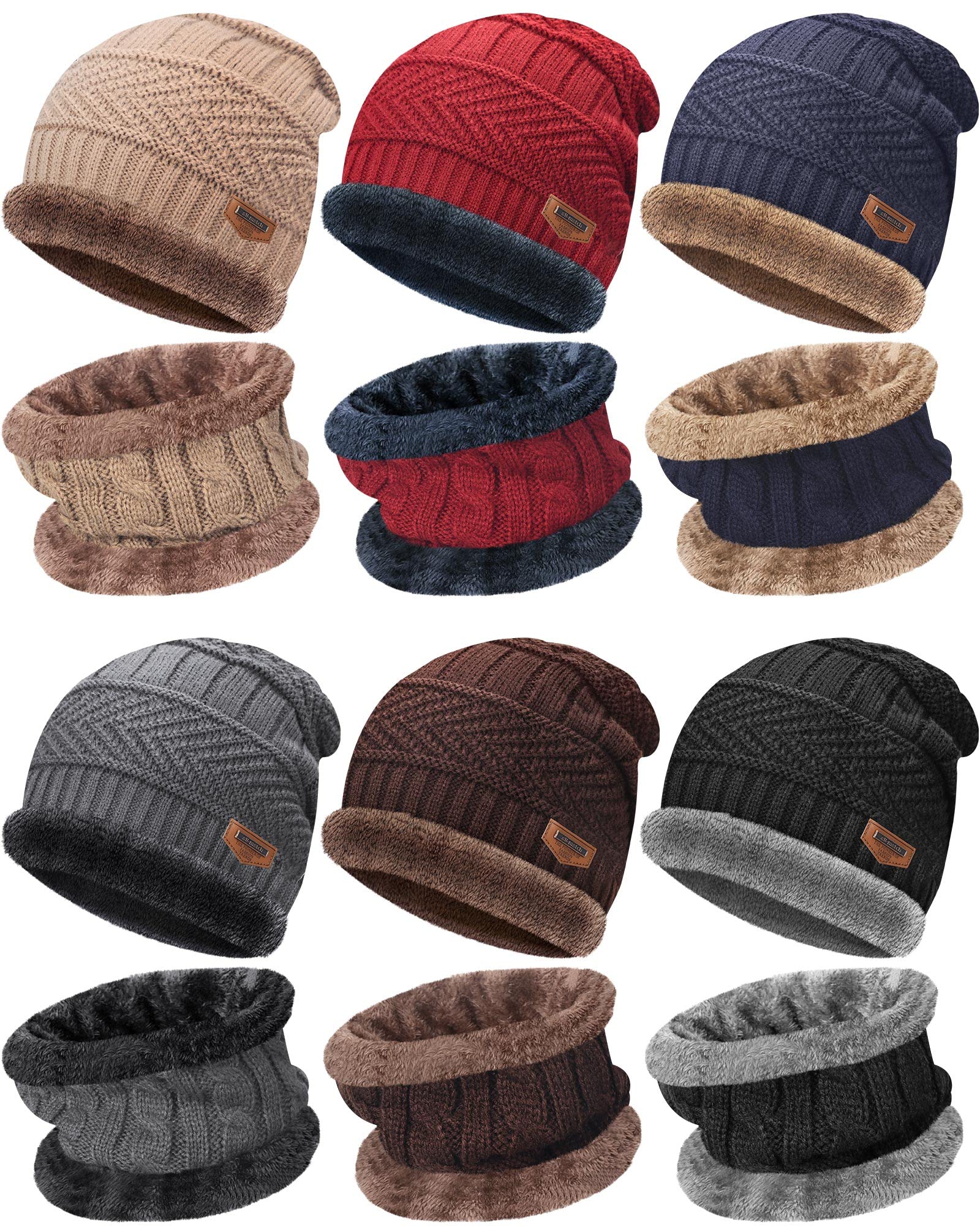 6 Pack Winter Beanie Hat Scarf Set Stylish Knit Skull Caps for Men Women Fleece Thick Lined Neck Warmer, 6 Colors