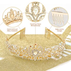 Makone Gold Birthday Princess Crown with Birthday Queen Sash Tiaras for Women or Girls Crystal Headband Hair Accessories for Party Cake Topper