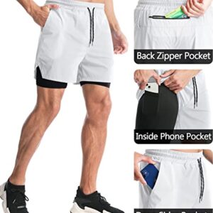 Aolesy Men’s 2 in 1 Running Shorts 5 Inch Workout Gym Athletic Shorts for Men Quick Dry Lightweight Training Shorts with Pockets White