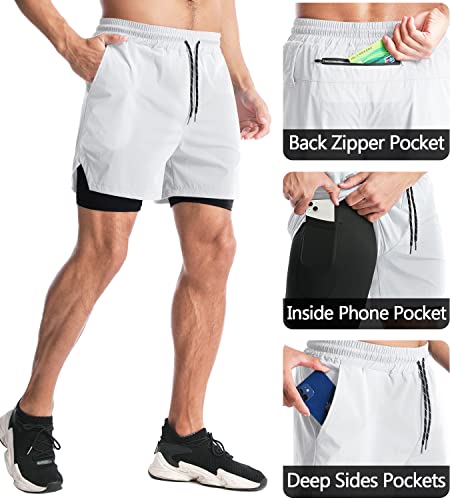 Aolesy Men’s 2 in 1 Running Shorts 5 Inch Workout Gym Athletic Shorts for Men Quick Dry Lightweight Training Shorts with Pockets White