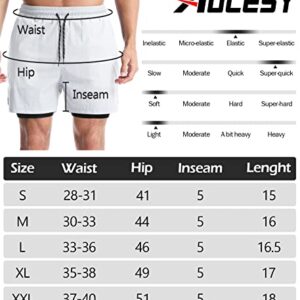 Aolesy Men’s 2 in 1 Running Shorts 5 Inch Workout Gym Athletic Shorts for Men Quick Dry Lightweight Training Shorts with Pockets White