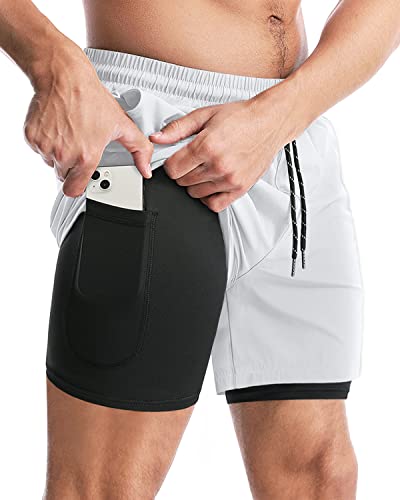 Aolesy Men’s 2 in 1 Running Shorts 5 Inch Workout Gym Athletic Shorts for Men Quick Dry Lightweight Training Shorts with Pockets White