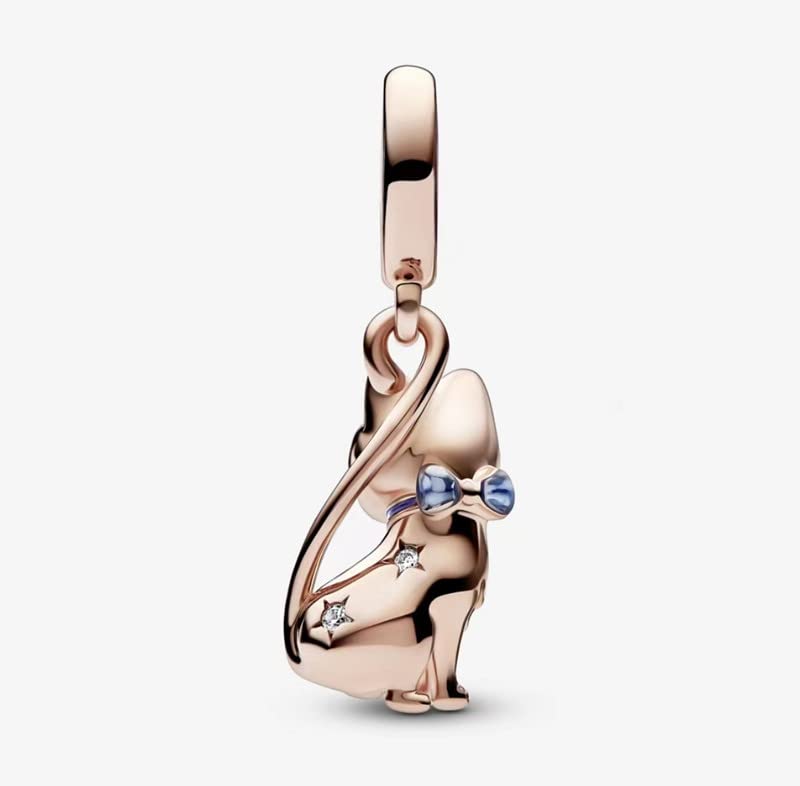 Rose Gold Pet Cat Dangle Charm 925 Sterling Silver Pendant,Jewelry Bead Gift for Women Bracelet&Necklace