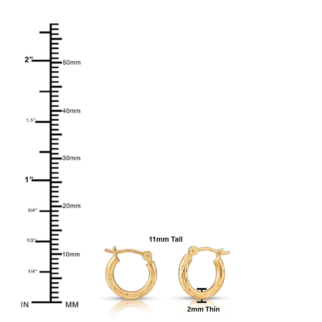 14K Yellow Gold 2mm Tube Polished Round Hoop Earrings, 11MM, Classic and Shiny (Diamond-cut Hoops)