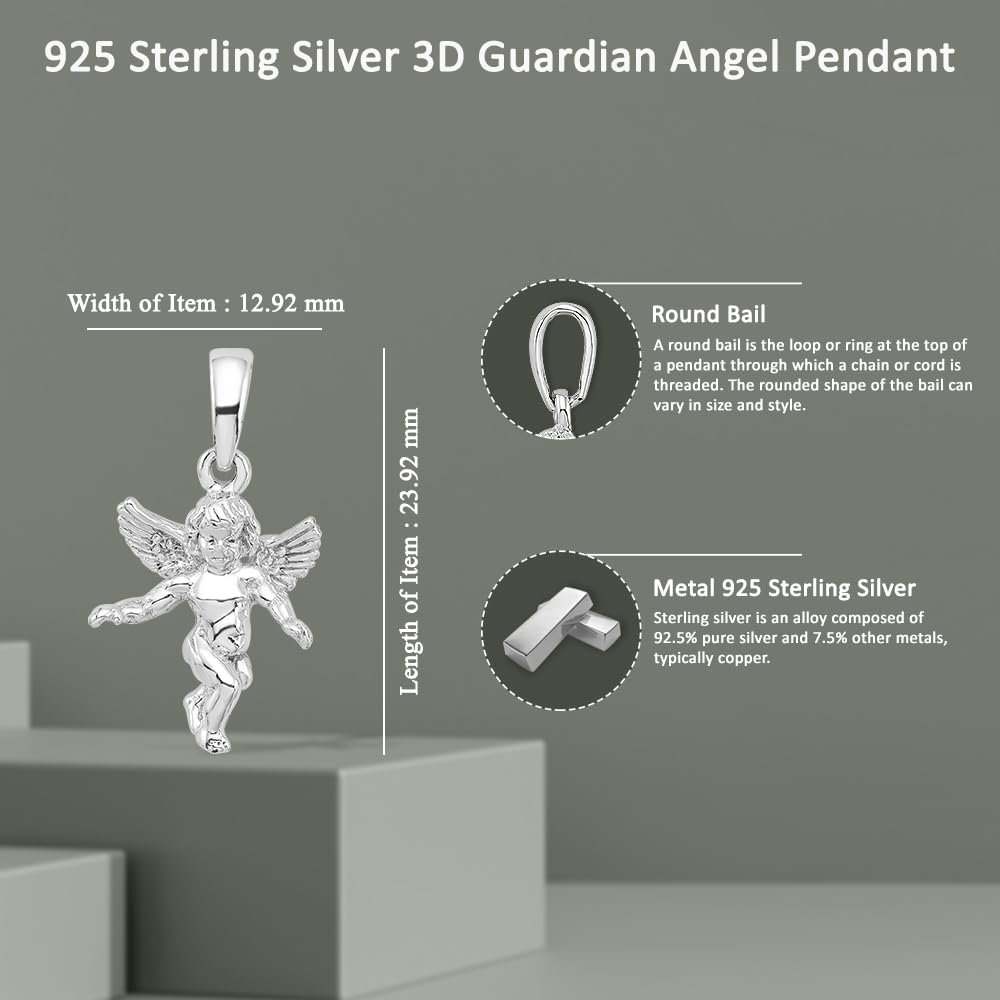 Auriga Fine Jewelry 925 Sterling Silver 3D Guardian Angel Pendant for Women (L- 0.95 Inch, W- 0.51 Inch)