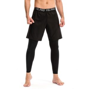 WRAGCFM Men's 2 in 1 Running Pants Shorts Tights, Gym Workout Compression Pants for Men Quick Dry Athletic Legging with Pocket(Black,XL)