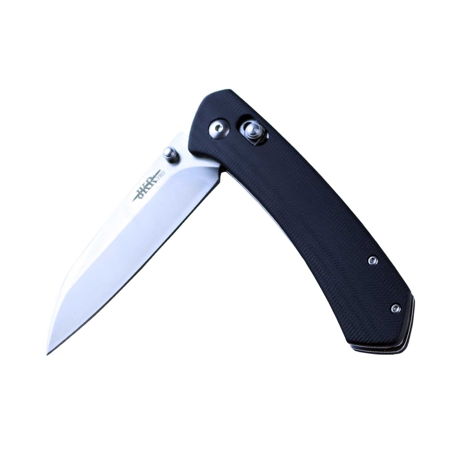 Joker JKR10012 Bearing Assisted Opening Knife, G10 / Carbon Fiber Handle in Black and 3.34 in. D2 Steel Blade, Overall Length 7.87 in. Tool for fishing, hunting, camping and hiking.