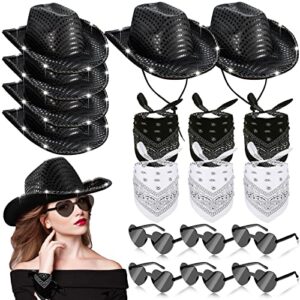 6 pack light hat space cowgirl hat led flashing hat with 6 heart glasses 6 paisley bandanna western cowboy costume(black)