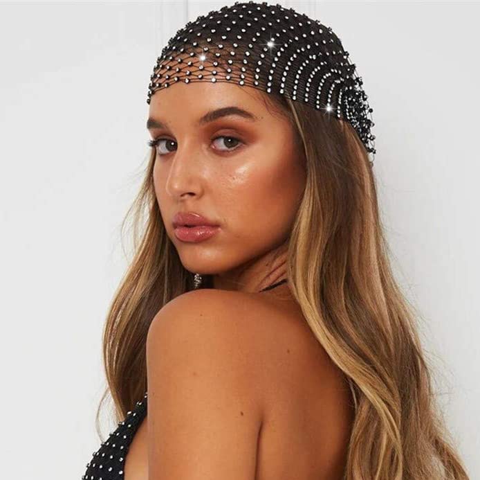 JEAIRTS Rhinestone Mesh Headband Sparkly Wide Head Scarfs Stretchy Crystal Nightclub Headwrap Rave Costume Hair Accessories for Women and Girls (1-Black)