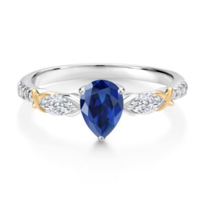 Gem Stone King 925 Silver 10K Yellow Gold Pear Shape Blue Created Sapphire White Moissanite and White Lab Grown Diamond Engagement Ring For Women (1.29 Cttw, Gemstone September Birthstone, Size 8)