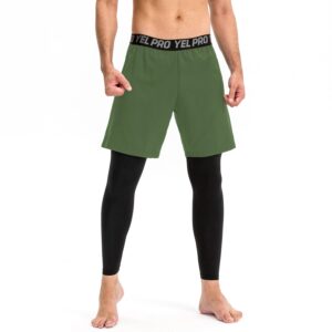 WRAGCFM Men's 2 in 1 Running Pants Shorts Tights, Gym Workout Compression Pants for Men Quick Dry Athletic Legging with Pocket(Green,S)