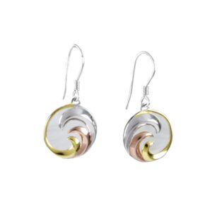 beautiful hawaiian tri-color 3-tone ocean wave earring, sterling silver wave dangle earring, e8557