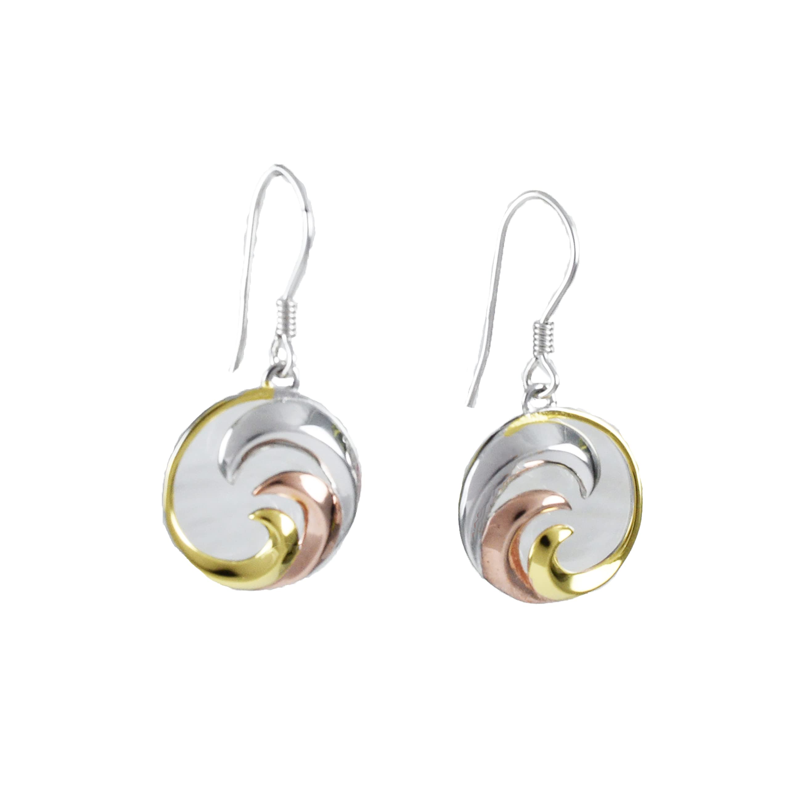 Beautiful Hawaiian Tri-color 3-tone Ocean Wave Earring, Sterling Silver Wave Dangle Earring, E8557