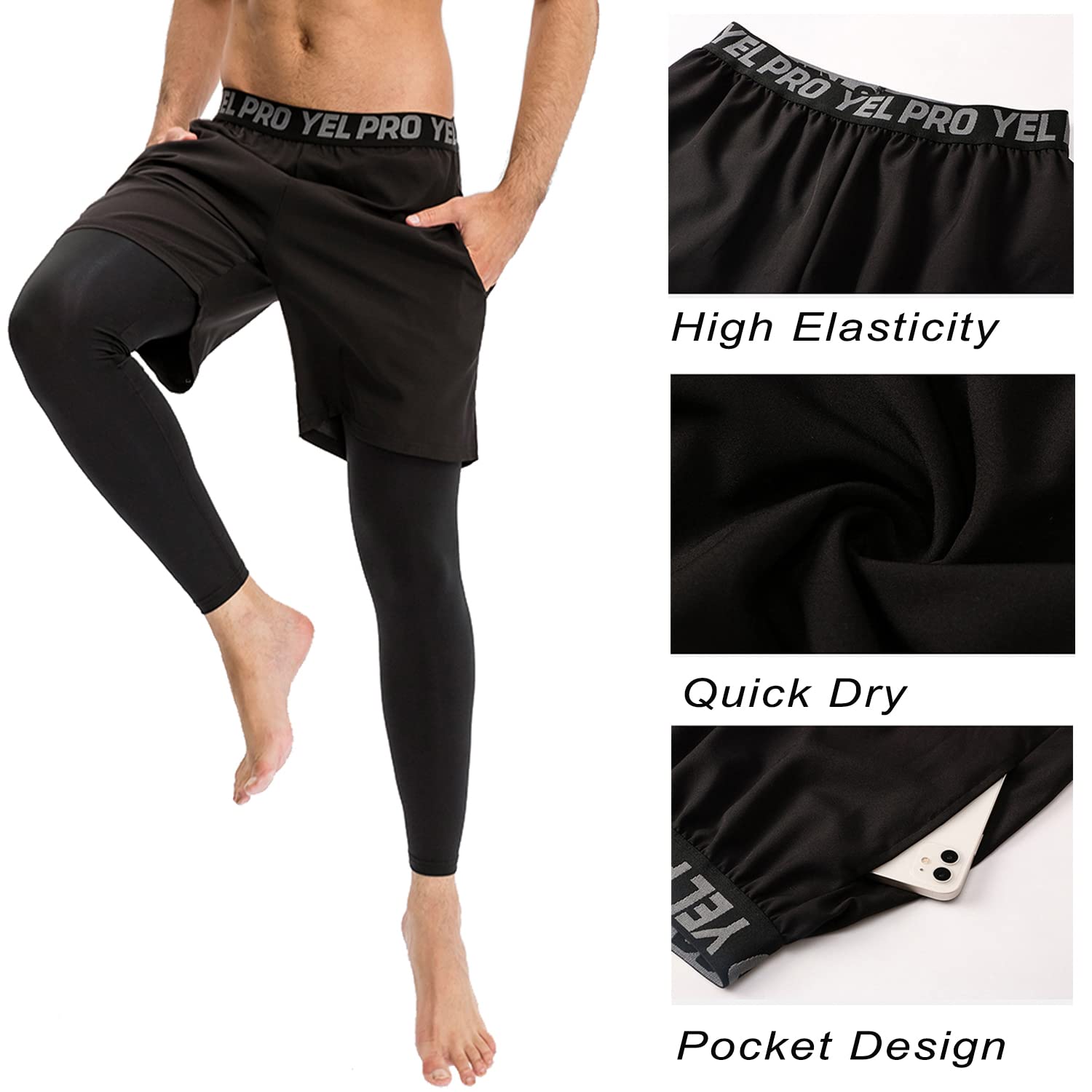 WRAGCFM Men's 2 in 1 Running Pants Shorts Tights, Gym Workout Compression Pants for Men Quick Dry Athletic Legging with Pocket(Black,XL)