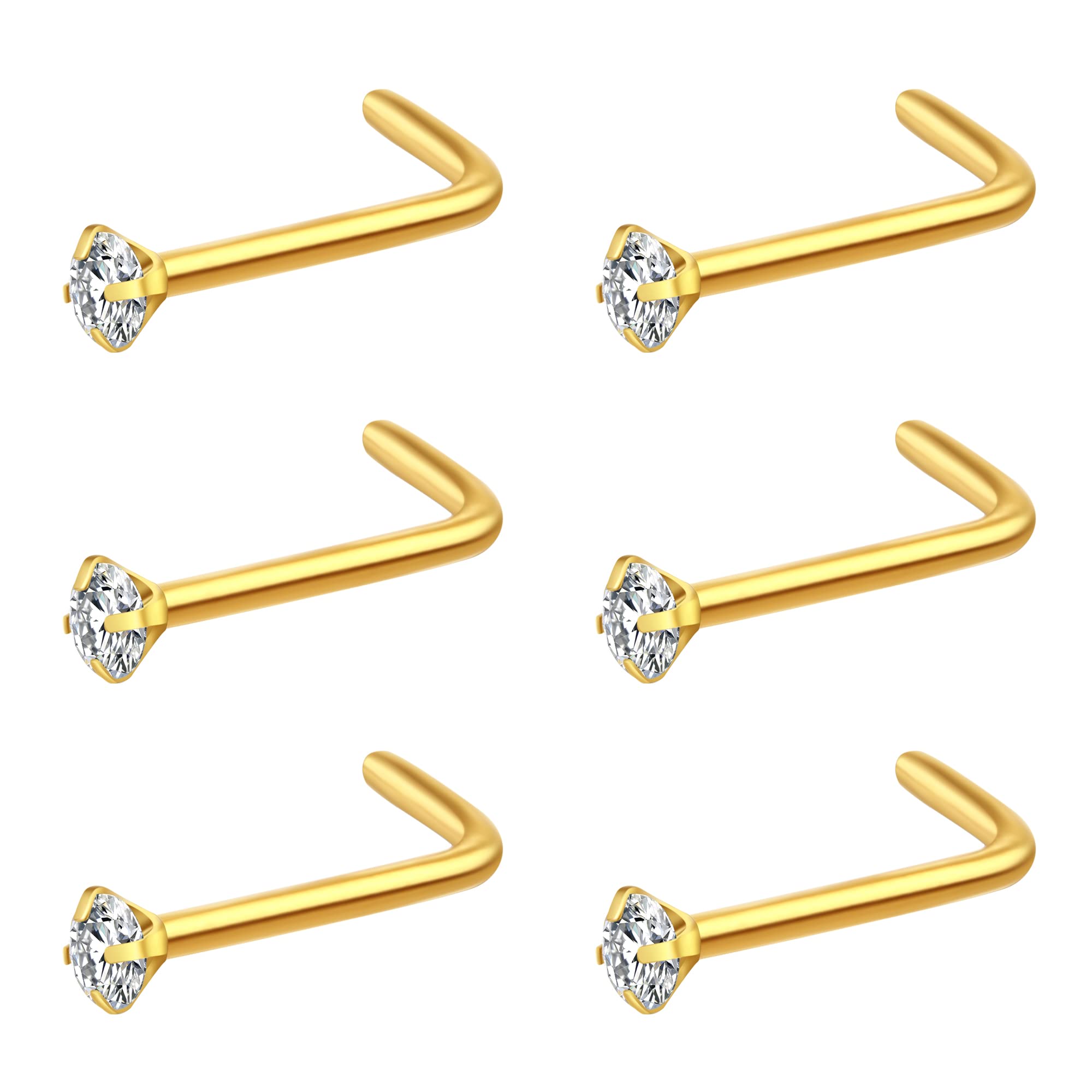 Fzroezz 6Pcs Nose Studs Nose Piercings Nose Rings Studs L Shaped Real Nose Piercing Jewelry Nose Rings for Women Men Nostril Nose Piercing Stud Surgical Stainless Steel Gold Nose Ring 20 Gauge Cute Nose Ring Studs Nose Jewelry Small Nose Stud Nose Rings L