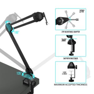 Microphone Boom Arm Mic Stand Mount Clamp Stand Microphone With 3/8" to 5/8" Screw Adapter And Cable Management Channels Desktop Arm Boom Stand Broadcasting Podcast Recording Gaming Live StreamIing