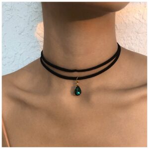 Iaceble Vintage Layered Suede Choker Necklace Green Teardrop Clavicle Necklace Black Velvet Choker Necklace Cz Emerald Pendant Necklace Collar Jewelry for Women and Girls