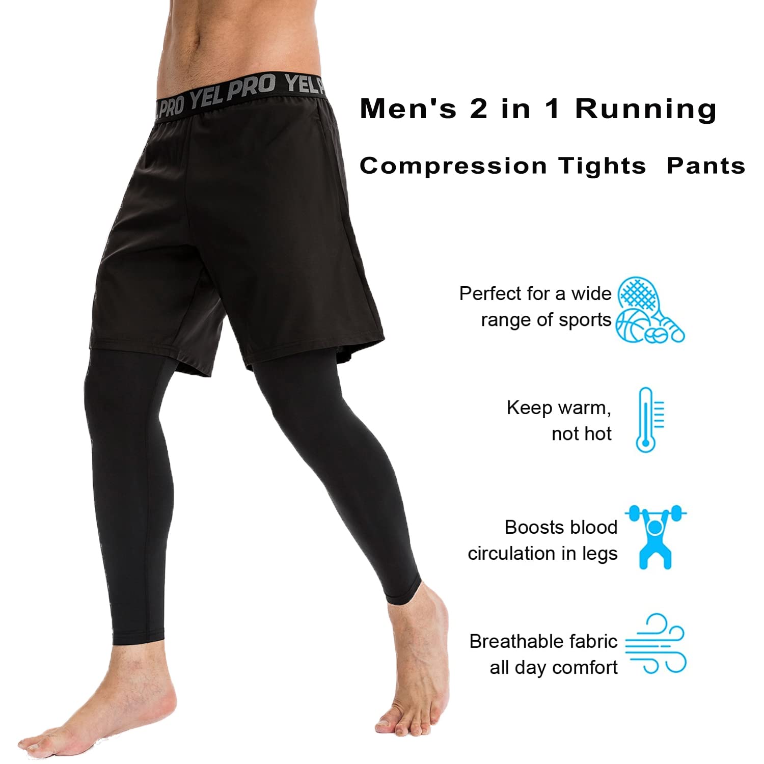 WRAGCFM Men's 2 in 1 Running Pants Shorts Tights, Gym Workout Compression Pants for Men Quick Dry Athletic Legging with Pocket(Black,XL)