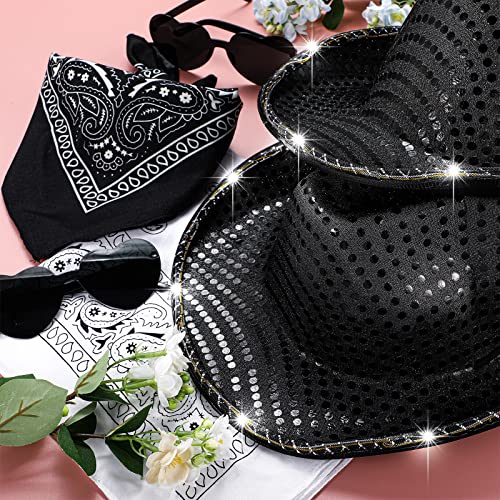 6 Pack Light Hat Space Cowgirl Hat LED Flashing Hat with 6 Heart Glasses 6 Paisley Bandanna Western Cowboy Costume(Black)