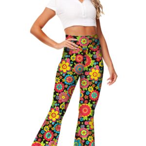 Flare Pants for Women Floral Bell Bottom 70s Hippie Pants High Waist Groovy Boho Yoga Pants XS