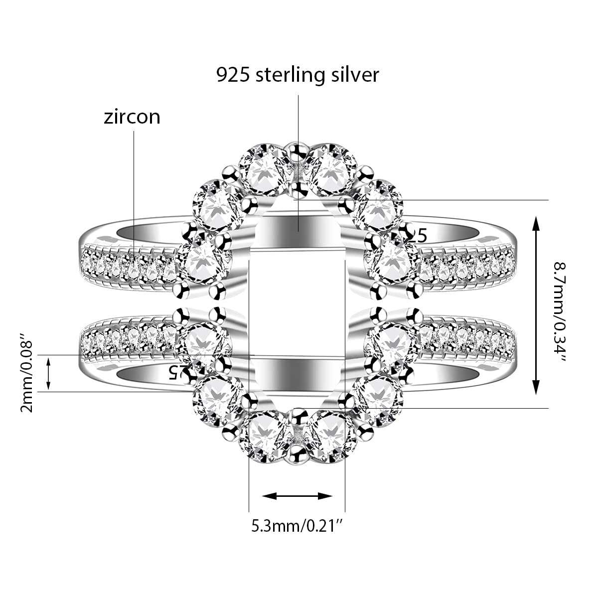 Uloveido 925 Sterling Silver Cubic Zirconia Pave Oval-Shaped Ring Guard Enhancer for Solitaire Wedding Promise Rings Y2470 (Size 9)