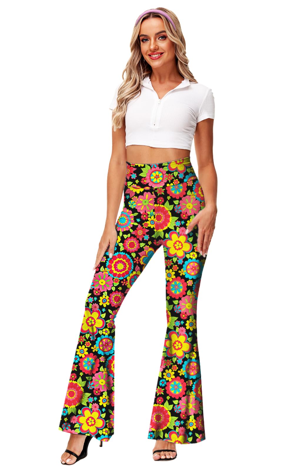 Flare Pants for Women Floral Bell Bottom 70s Hippie Pants High Waist Groovy Boho Yoga Pants XS