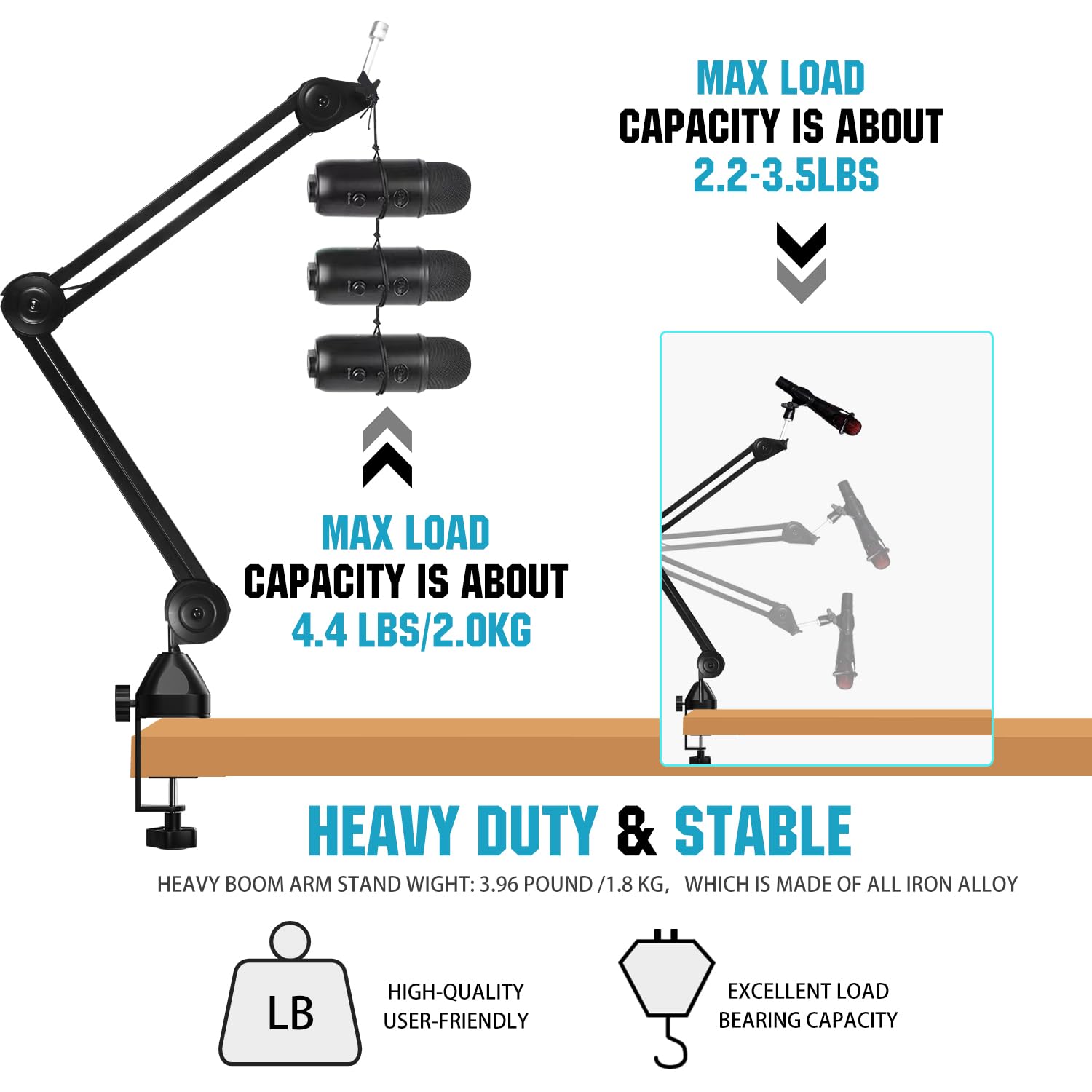 Microphone Boom Arm Mic Stand Mount Clamp Stand Microphone With 3/8" to 5/8" Screw Adapter And Cable Management Channels Desktop Arm Boom Stand Broadcasting Podcast Recording Gaming Live StreamIing